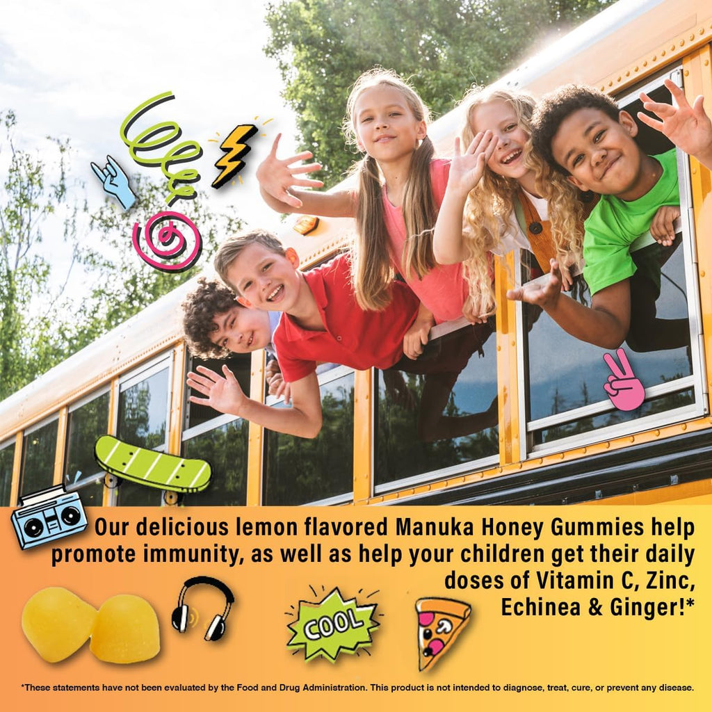 Gominolas de Defensas para Niños 5 en 1 con Miel de Manuka, Vitamina C, Zinc, Equinácea y Jengibre - Sabor Cítrico Natural - 60 Gominolas
