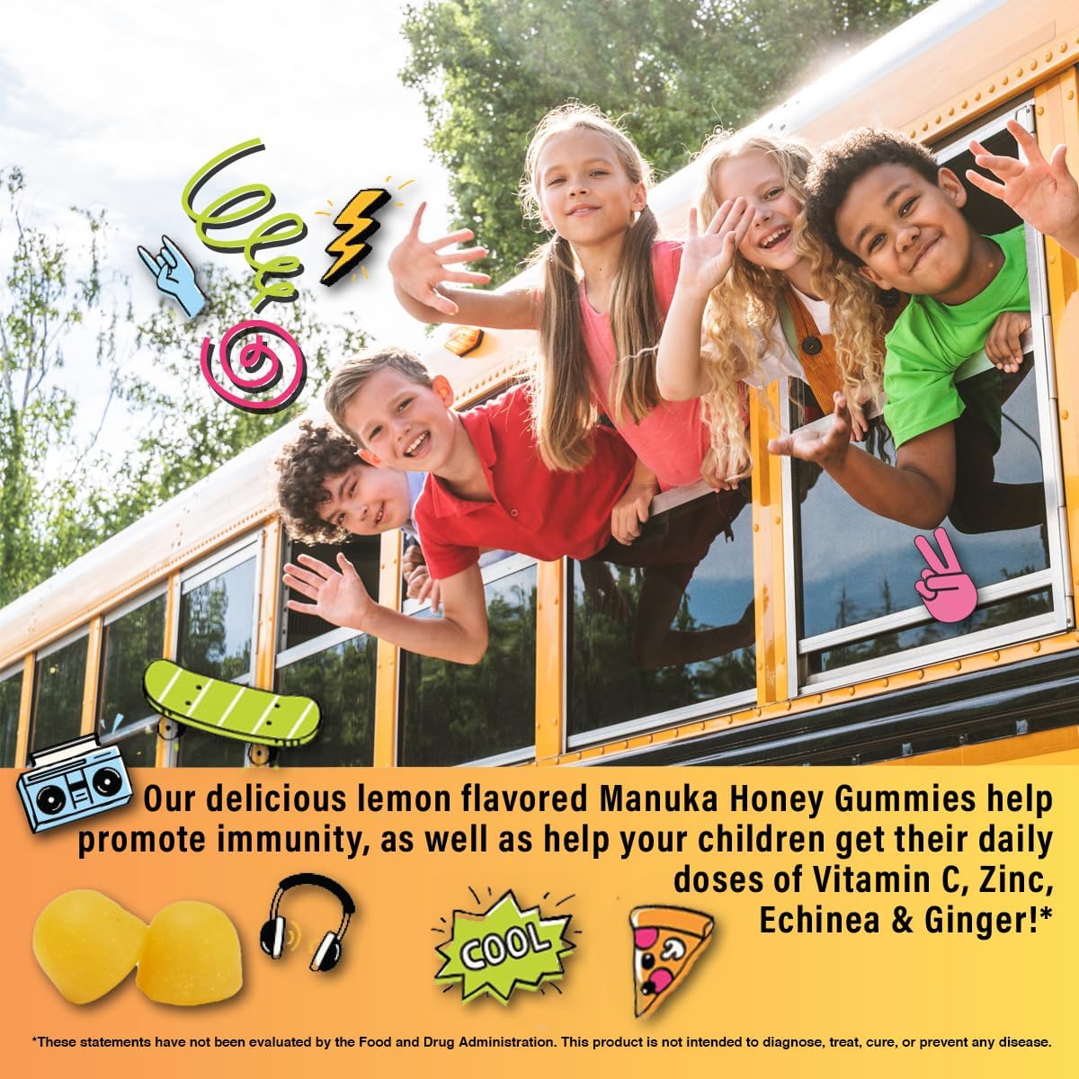 Gominolas de Defensas para Niños 5 en 1 con Miel de Manuka, Vitamina C, Zinc, Equinácea y Jengibre - Sabor Cítrico Natural - 60 Gominolas
