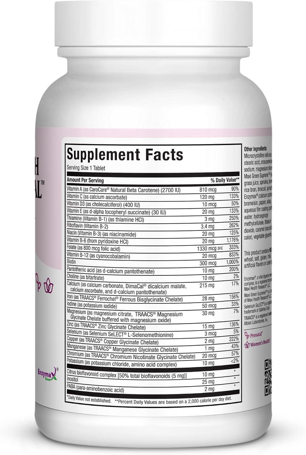 Maxi Health Vitaminas Prenatales para Mujeres – Una al Día con Hierro, Folato, Colina, Vitamina D3 y Nutrientes Esenciales – Suplemento de Alta Absorción – 120 Comprimidos