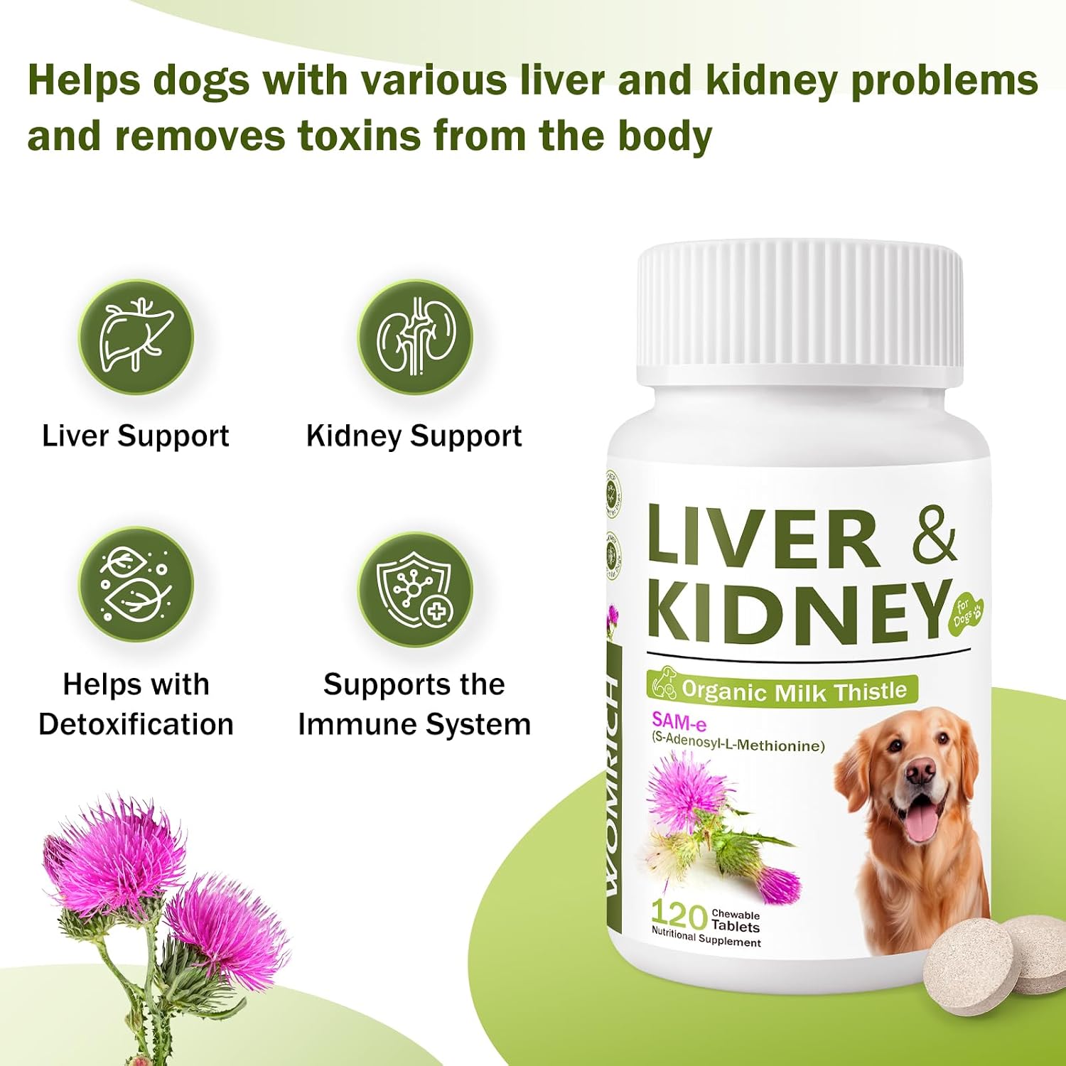 Cardo Mariano y SAM-E para Perros, Apoyo Hepático y Renal Avanzado con Silimarina, 120 Comprimidos Masticables