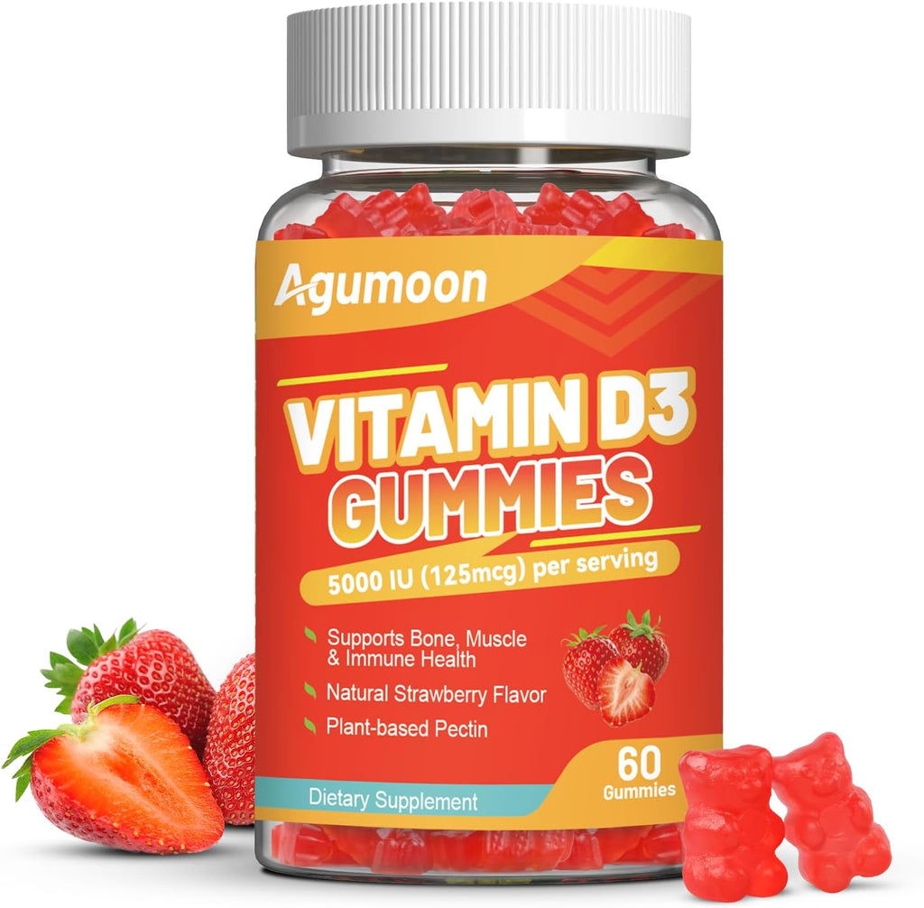 Agumoon Vitamina D3 5000 UI (125 mcg) Gomitas para Adultos - Apoyo Inmune, Huesos y Músculos - Sin Gluten, No GMO, 60 Gomitas Sabor Fresa