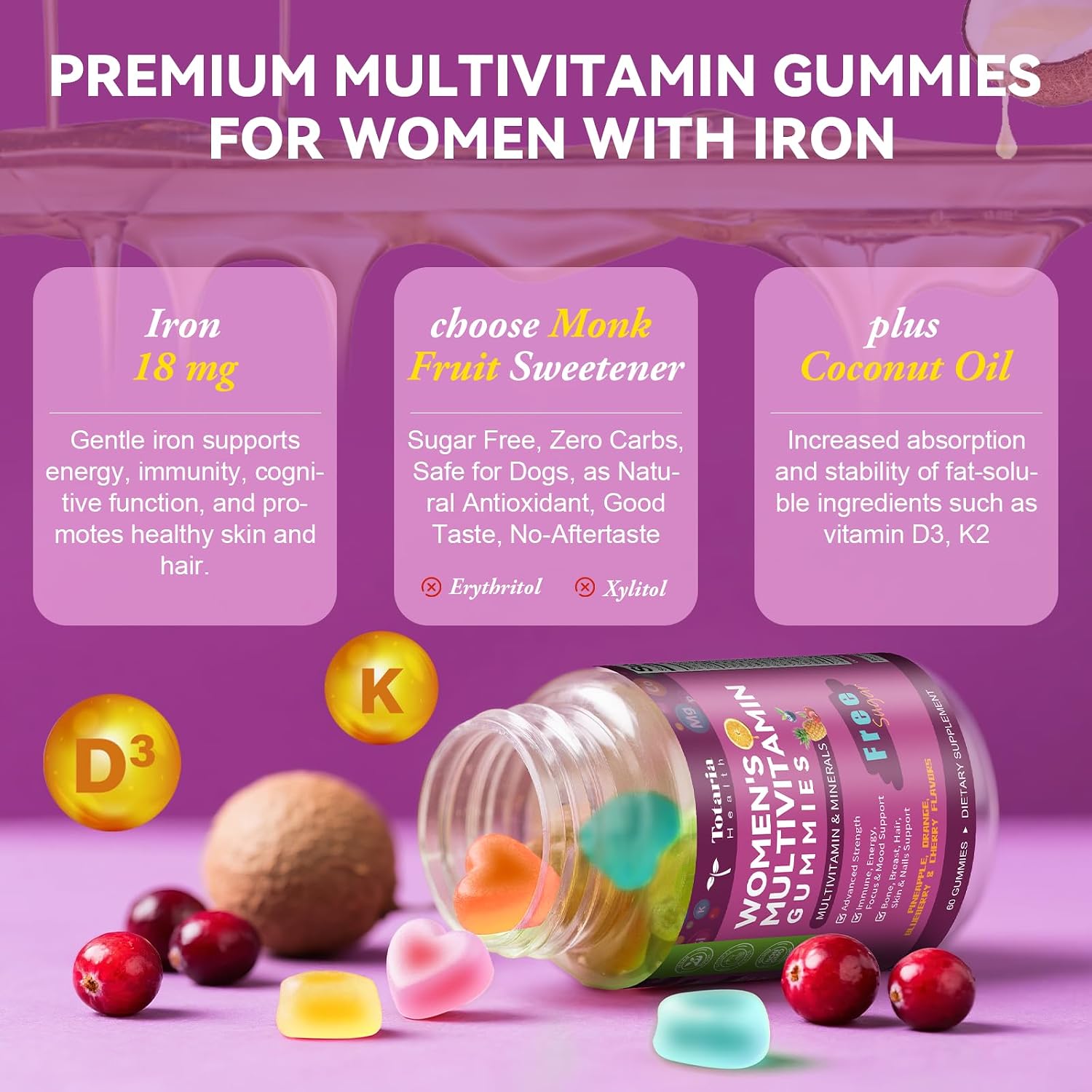 Totaria Multivitamínico para Mujeres sin Azúcar con Hierro – Gomitas con Complejo B, Vitaminas C, D3, K2, para Apoyo Nutricional Diario, Inmunidad y Piel