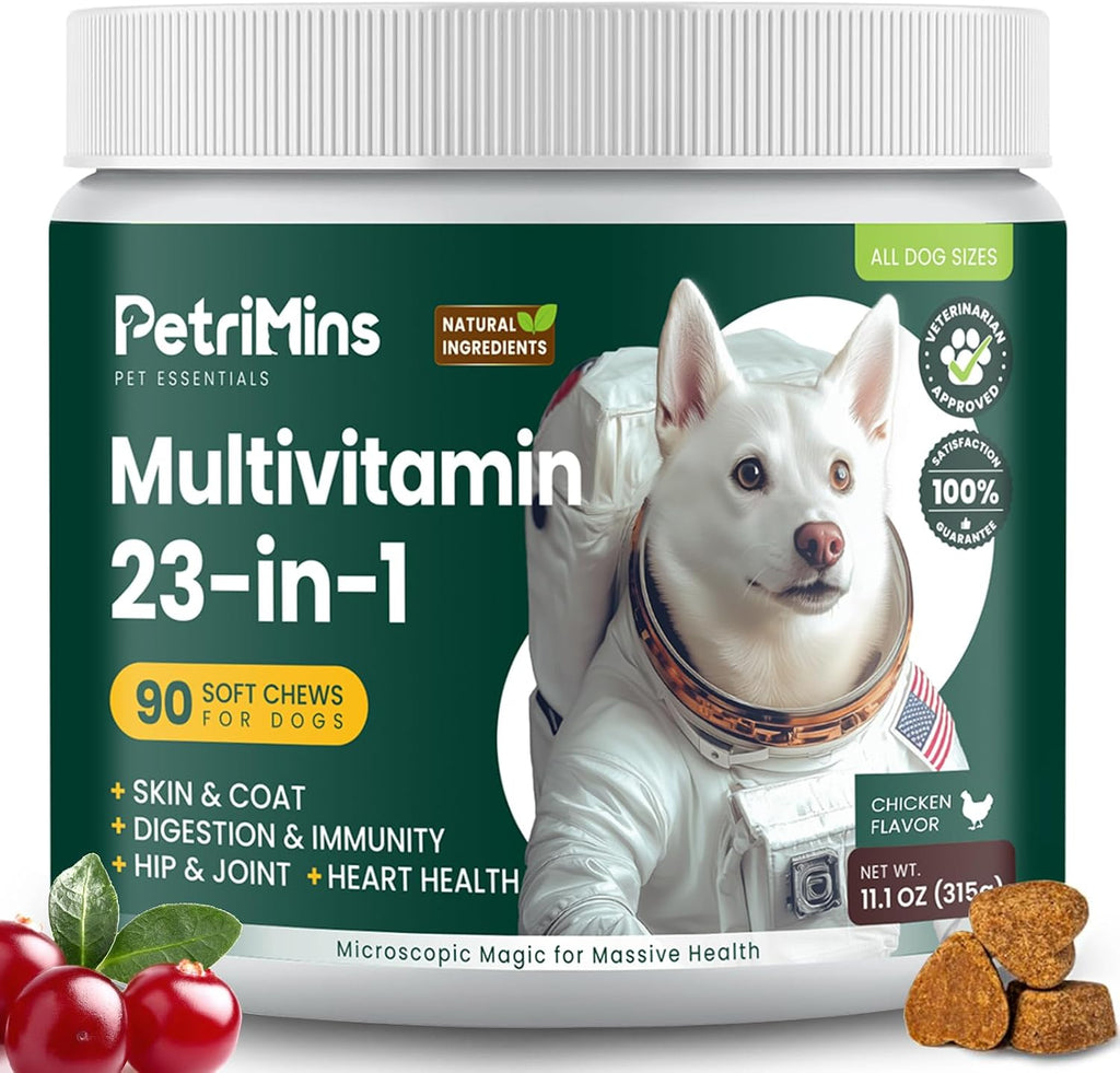 PetriMins 23-in-1 Multivitamínico para Perros con Glucosamina y Omega-3 – 90 Golosinas Sabor Pollo