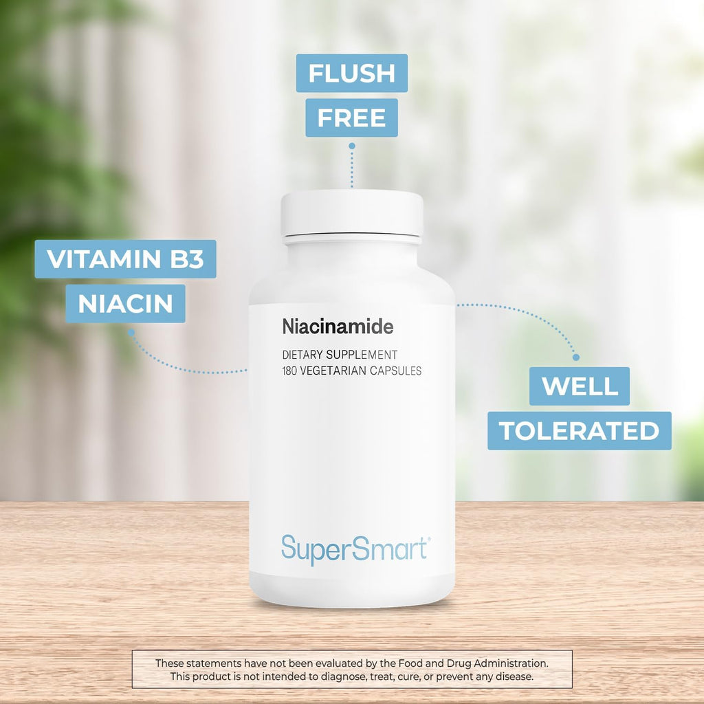 Supersmart - Suplemento de Niacinamida (Nicotinamida) 500mg - Vitamina B3 Sin Enrojecimiento - No GMO y Sin Gluten - 180 Cápsulas Vegetales