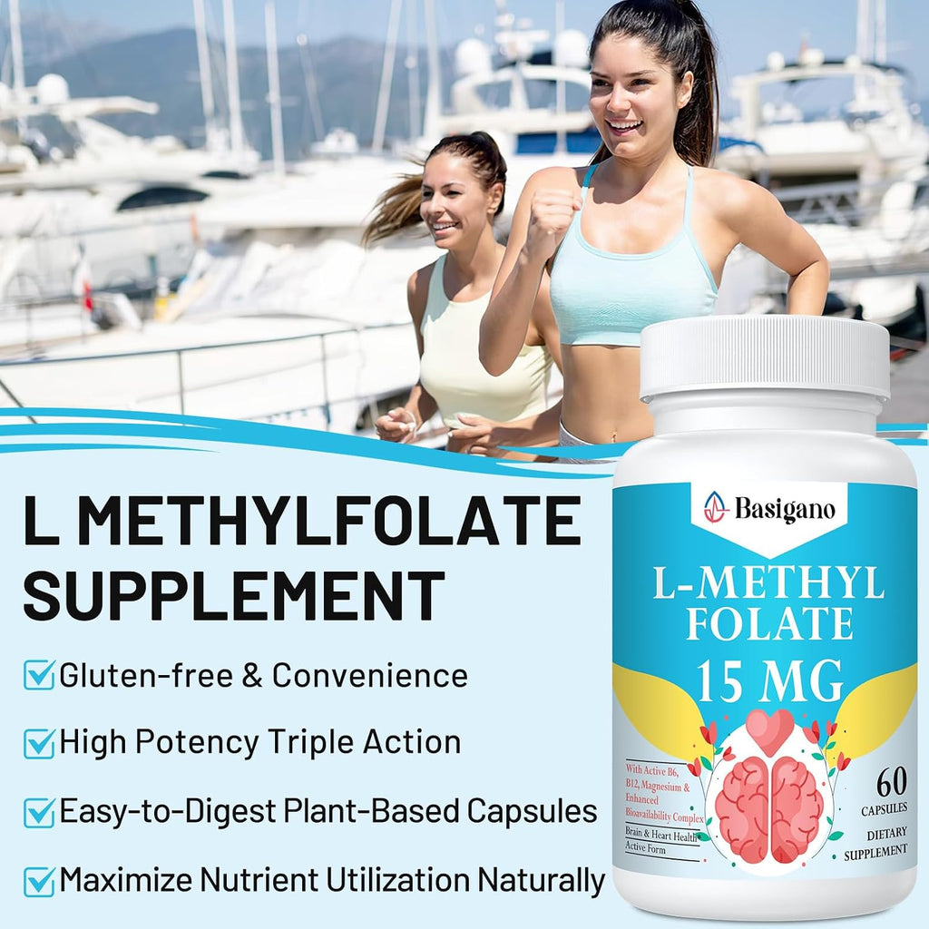 L-Metilfolato 15mg (5-MTHF) - Ácido Fólico Activo con B6 y B12 - Vegano, Sin Gluten, Sin Lácteos (60 Cápsulas)