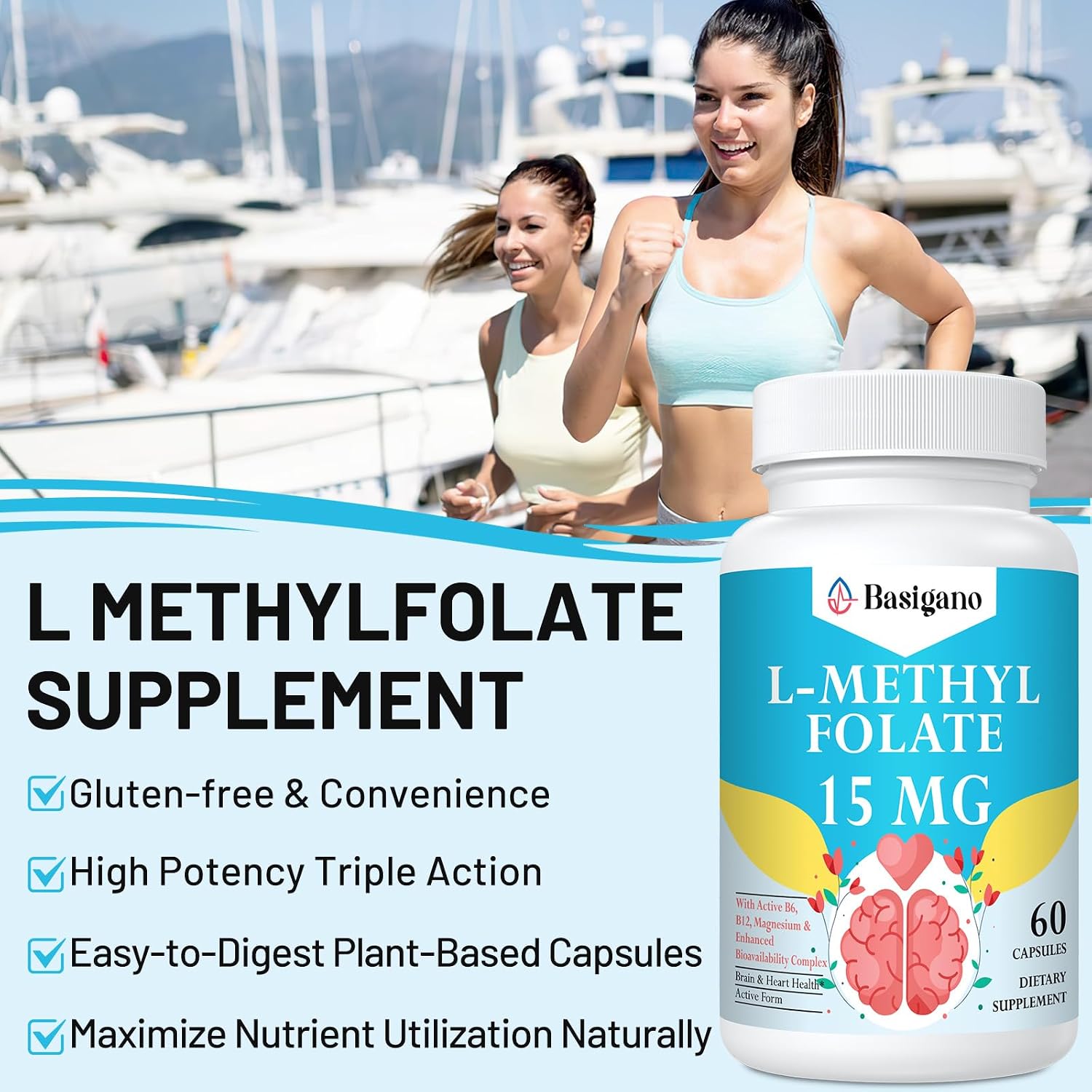 L-Metilfolato 15mg (5-MTHF) - Ácido Fólico Activo con B6 y B12 - Vegano, Sin Gluten, Sin Lácteos (60 Cápsulas)
