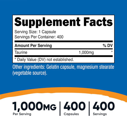 Nutricost Taurina 1000mg, 400 Cápsulas – Formato generoso: 400 cápsulas por bote, suficiente para un tratamiento – Image 2