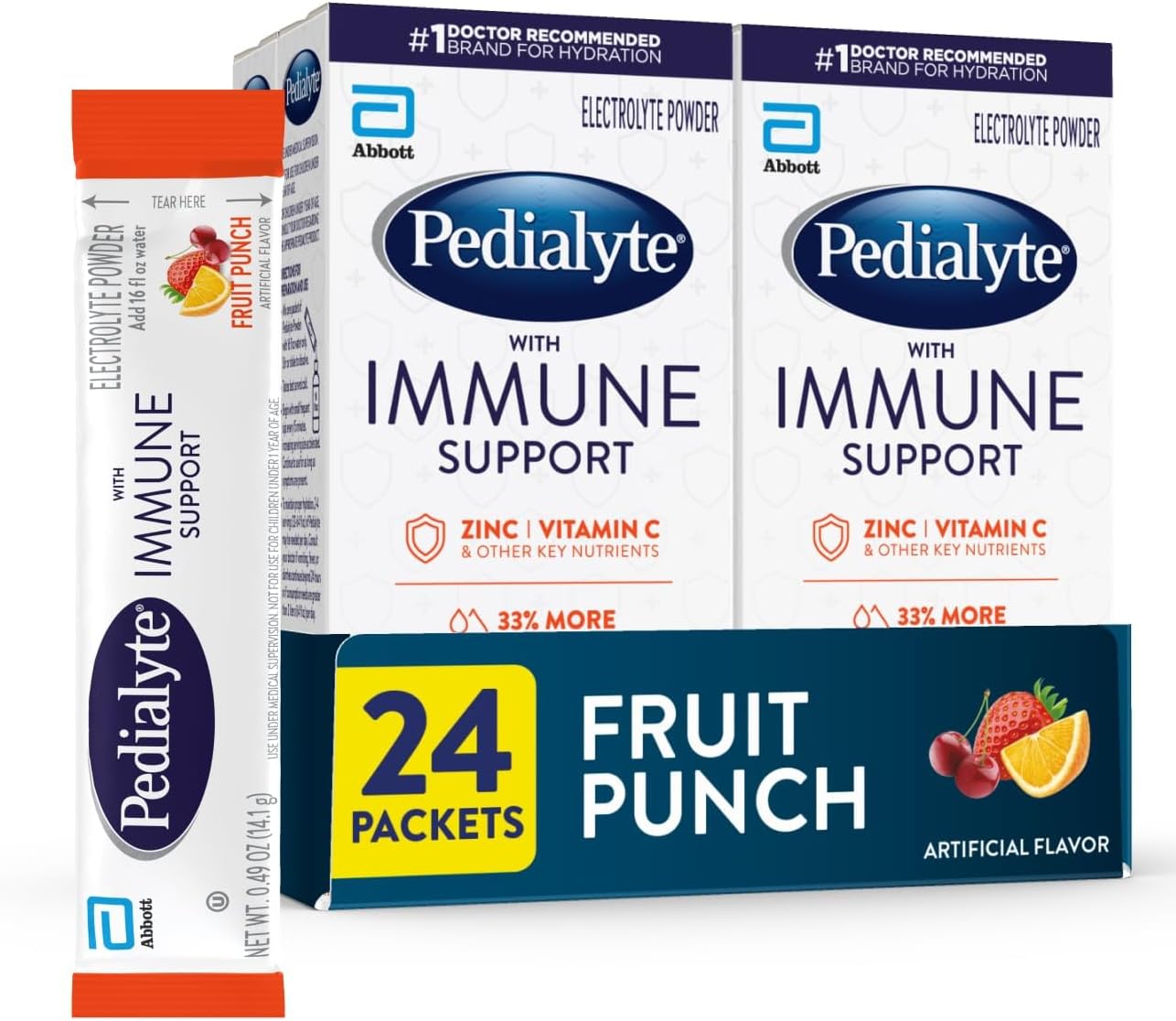 Pedialyte con Apoyo Inmunológico, Polvo de Electrolitos con Vitamina C y Zinc, Hidratación Avanzada, Sabor Punch de Frutas, 24 Sobres