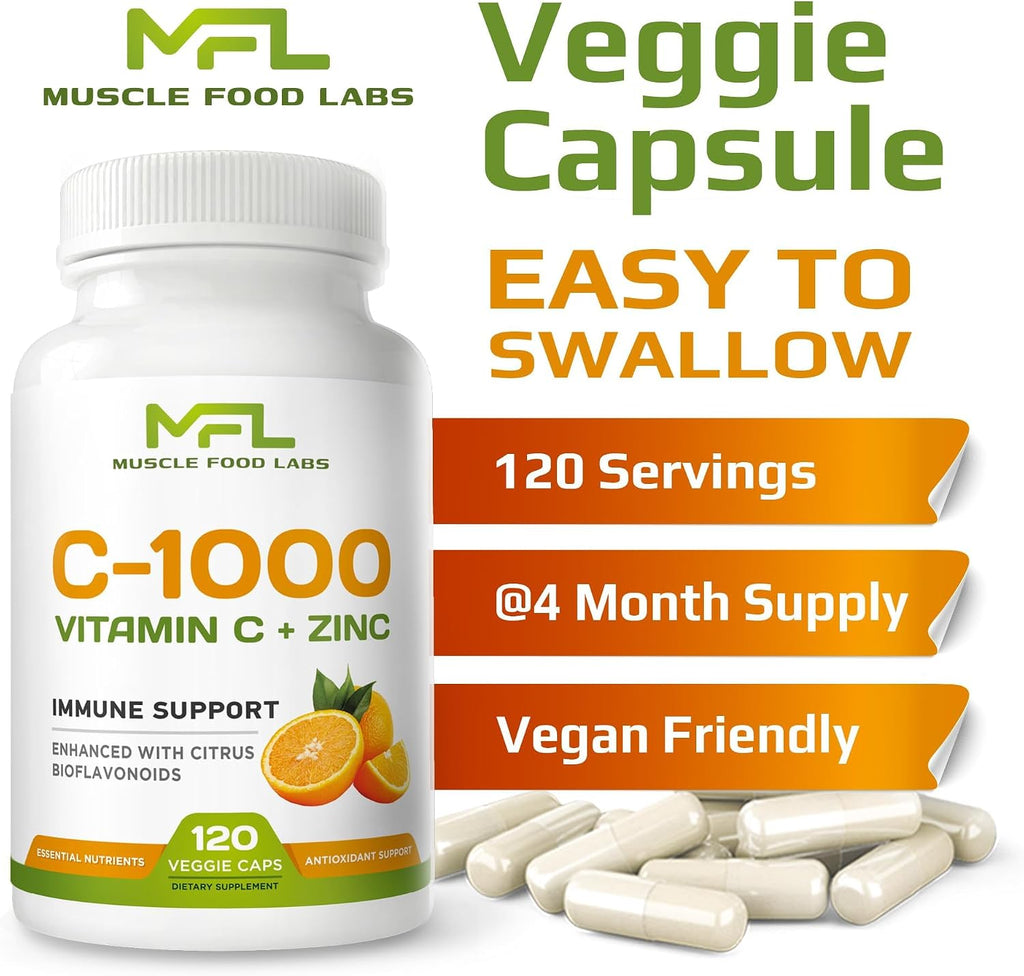 Vitamina C 1000 mg + Zinc 25 mg con Bioflavonoides Cítricos (120 Cápsulas)