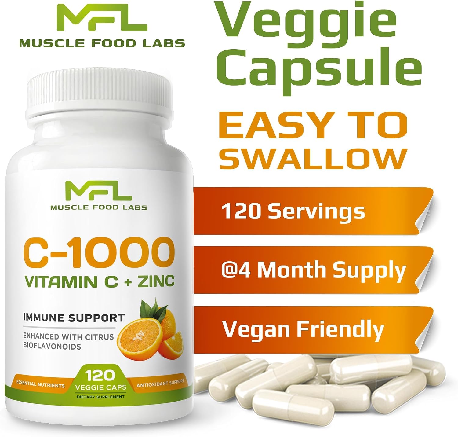 Vitamina C 1000 mg + Zinc 25 mg con Bioflavonoides Cítricos (120 Cápsulas)