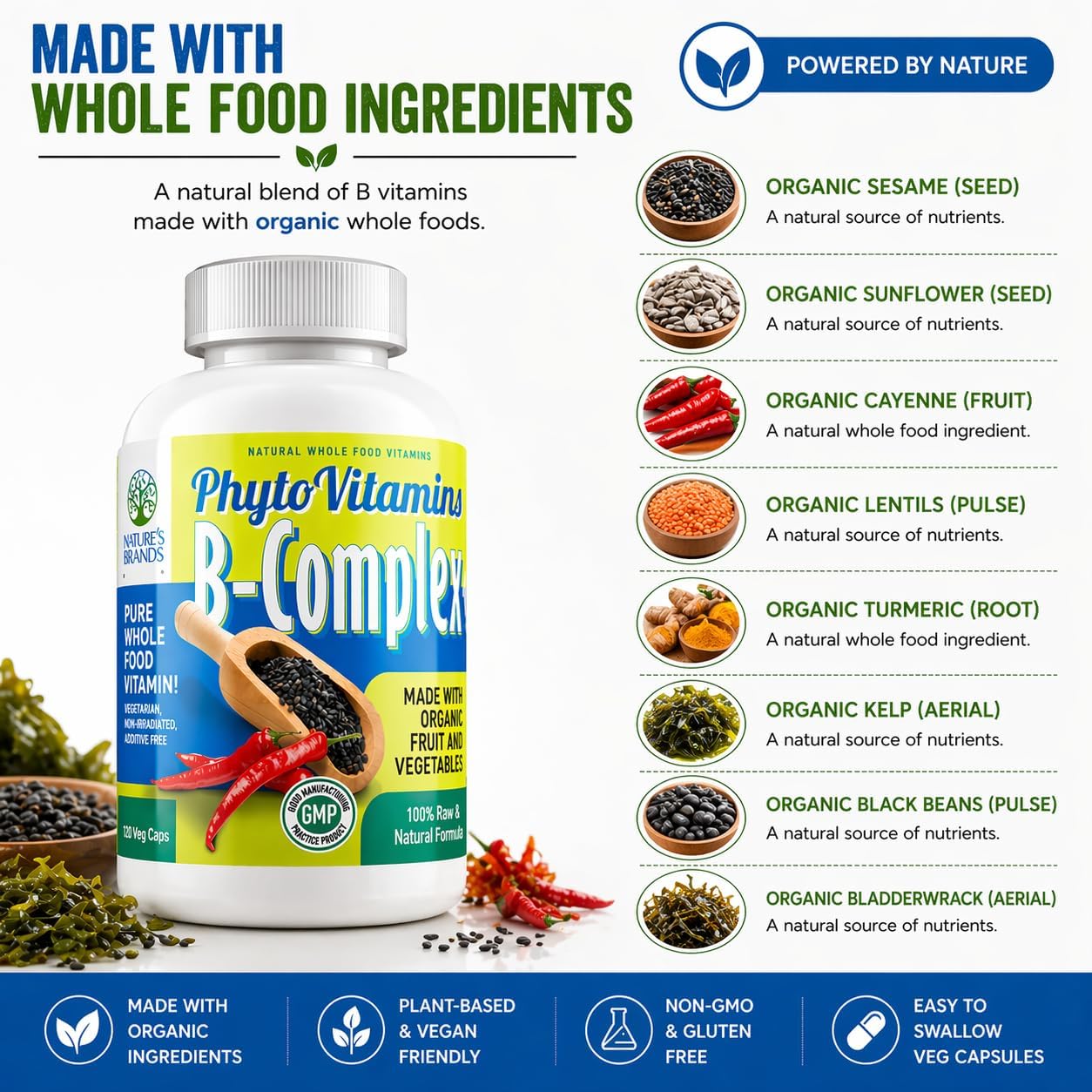 Nature's Brands Organic Whole Food Vitamin B-Complex by PhytoVitamins; 120-Count Vegetarian Capsules