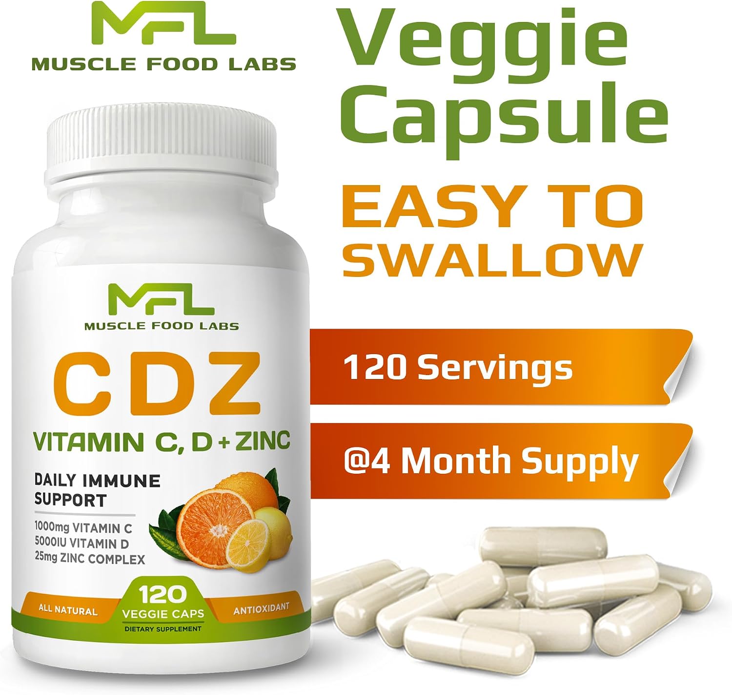 C D Z | Vitamina C (1000mg), Vitamina D3 (125mcg) y Zinc (25mg) | 120 Cápsulas Vegetarianas