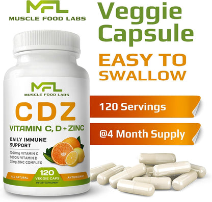 MUSCLE FOOD LABS C D Z - Vitamina C 1000mg, D3 5000 UI, Zinc 25mg - 240 Cápsulas Vegetales – Image 6
