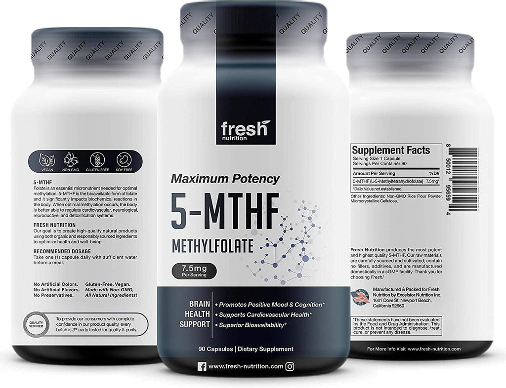 Fresh Nutrition L-Metilfolato 7.5 mg – 5-MTHF Metil Folato – 90 Cápsulas