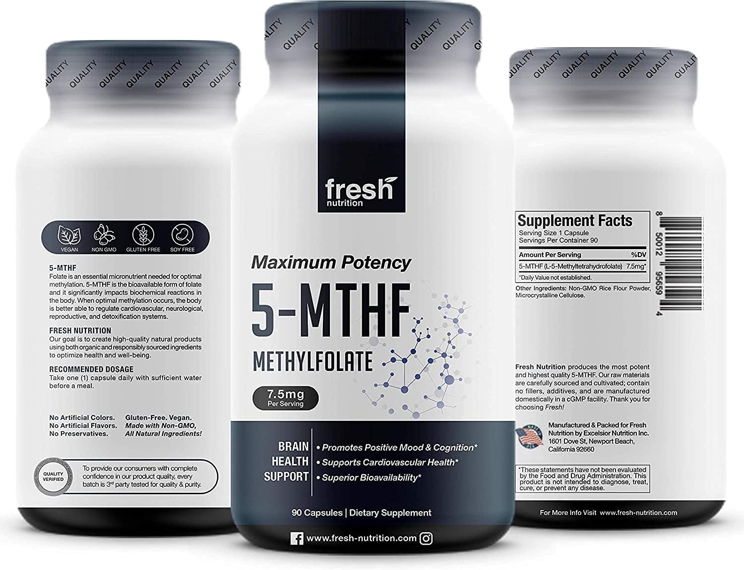 Fresh Nutrition L-Metilfolato 7.5 mg – 5-MTHF Metil Folato – 90 Cápsulas