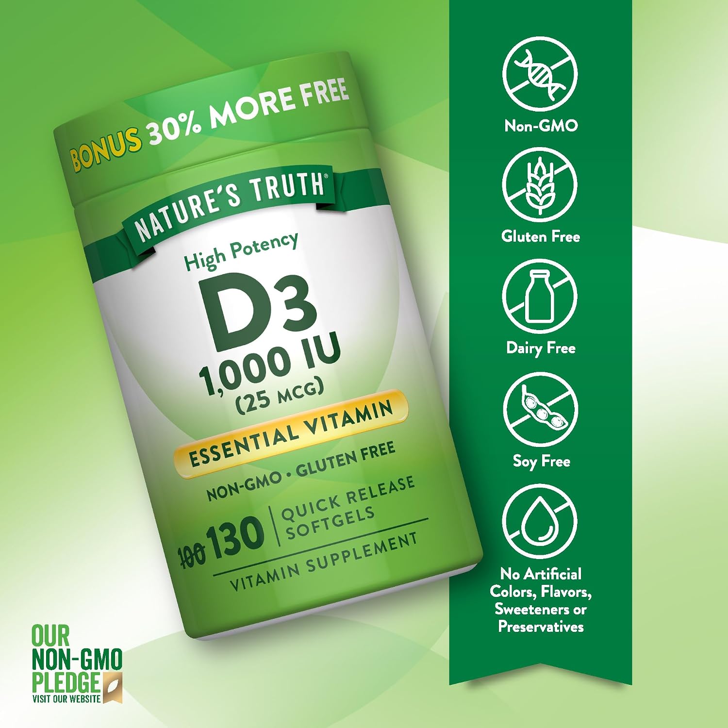 Nature's Truth Vitamina D3 1000 IU (25 mcg) - 130 Cápsulas Blandas - Sin Gluten y No-GMO