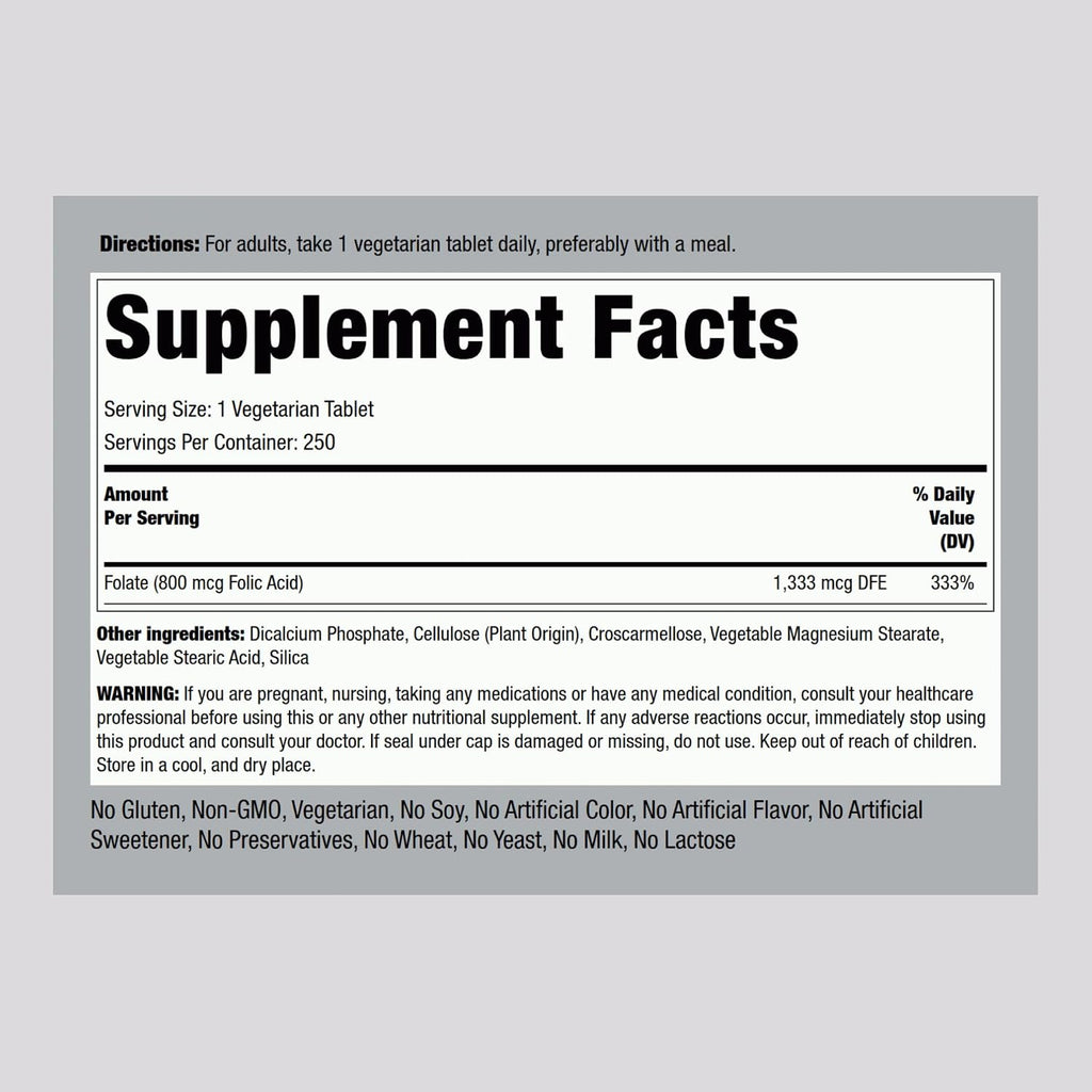 Piping Rock Ácido Fólico 800 mcg – 250 Comprimidos – Complemento Alimenticio para Mujeres y Hombres – Alta Potencia – Vegetariano, Sin Gluten
