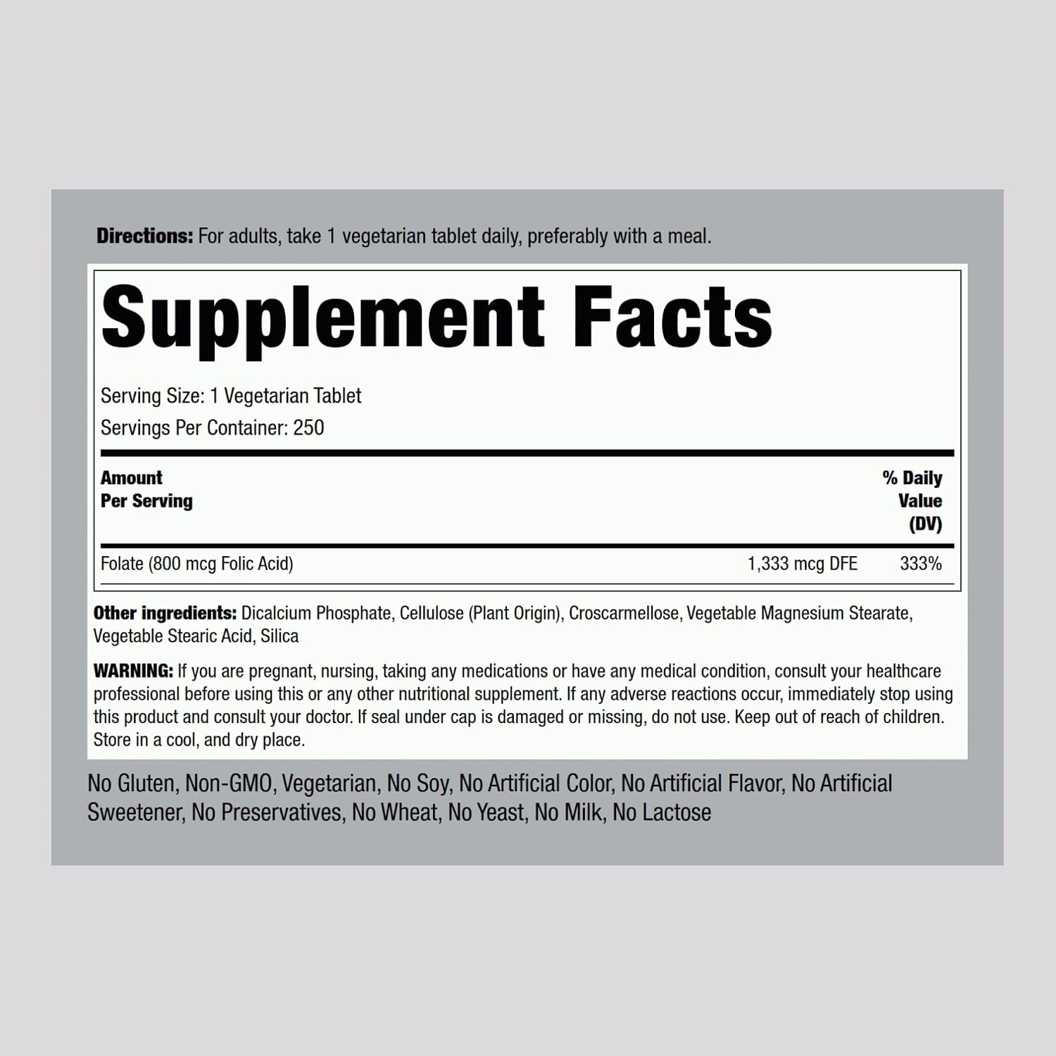 Piping Rock Ácido Fólico 800 mcg – 250 Comprimidos – Complemento Alimenticio para Mujeres y Hombres – Alta Potencia – Vegetariano, Sin Gluten