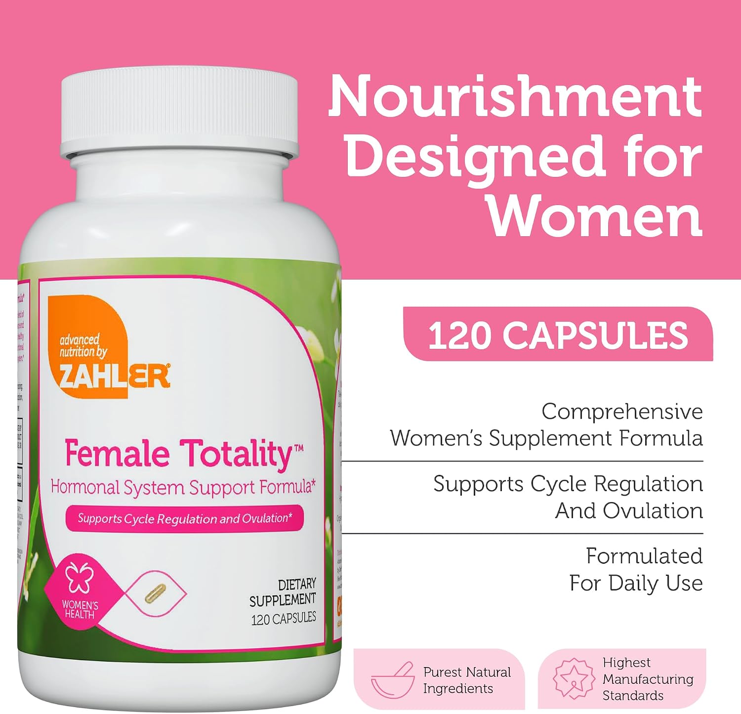 Zahler Female Totality, Suplemento de Fertilidad para Mujeres, Vitaminas Prenatales, Certificado Kosher, 120 Cápsulas