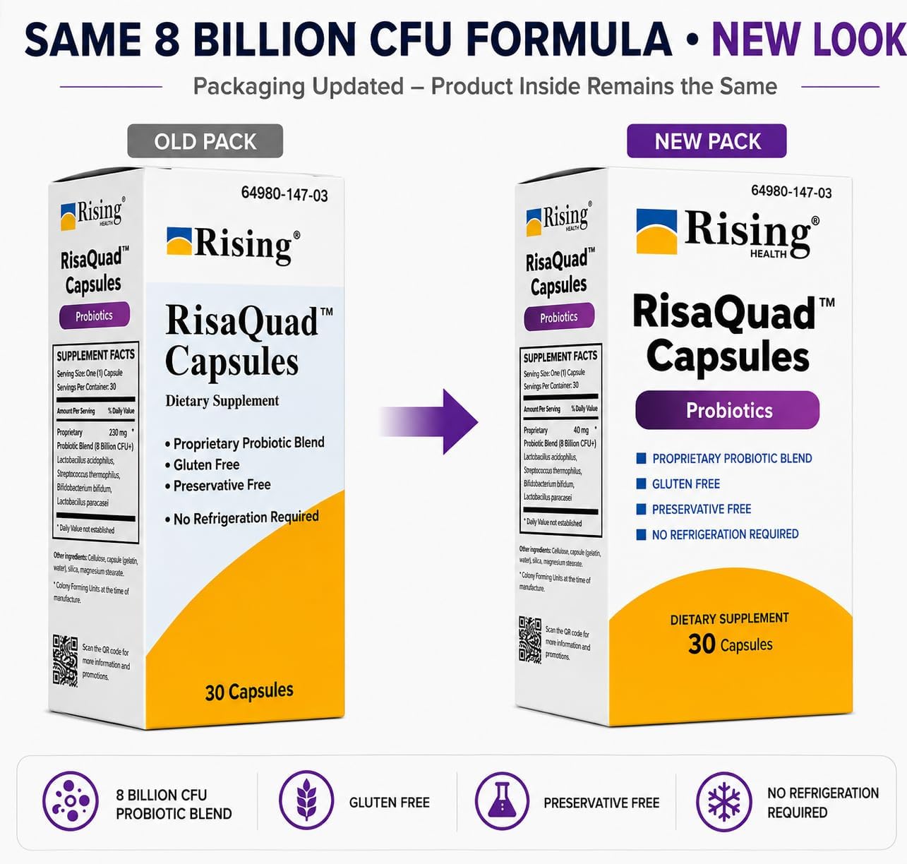 Rising Health RisaQuad™ Probiotic Capsules – 40 mg (8 Billion CFU+) Proprietary Blend for Digestive & Gut Health | Shelf Stable - 30 Capsules