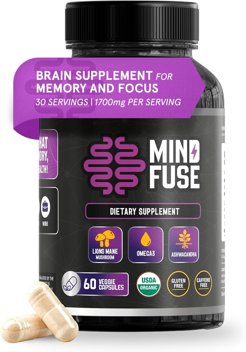 Mind Fuse Nootropic Memory Booster - Cápsulas de Lion's Mane con Omega-3, Ashwagandha y L-Theanine para el Enfoque y la Memoria - Sin Gluten 60 Cápsulas