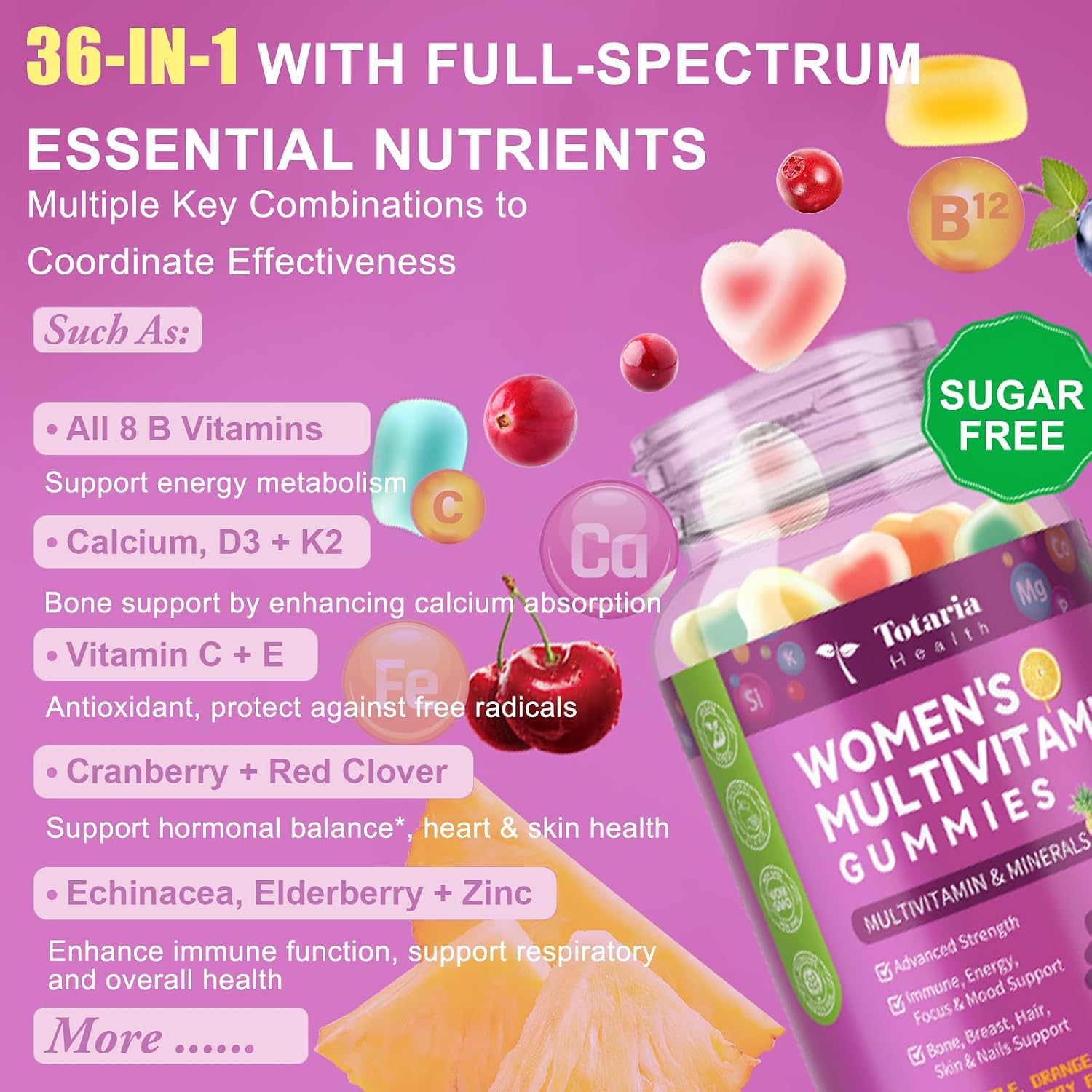Totaria Multivitamínico para Mujeres sin Azúcar con Hierro – Gomitas con Complejo B, Vitaminas C, D3, K2, para Apoyo Nutricional Diario, Inmunidad y Piel