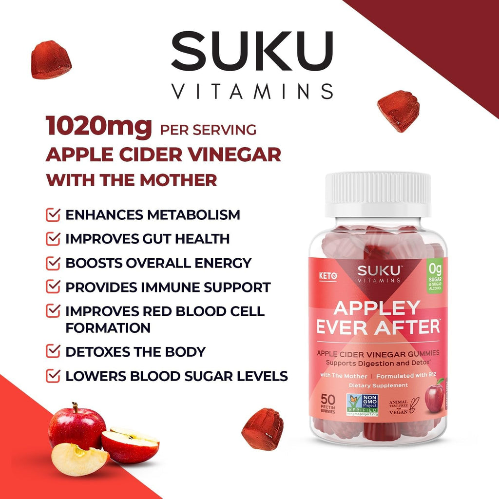 SUKU Appley Ever After Gummies – Vinagre de Manzana con B12 y Folato Metilados – Sin Azúcar, Vegano – 50 Gominolas
