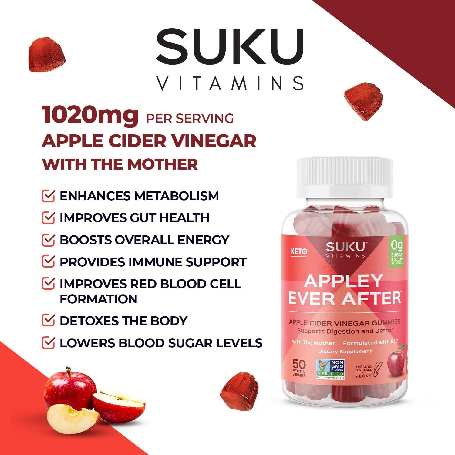 SUKU Appley Ever After Gummies – Vinagre de Manzana con B12 y Folato Metilados – Sin Azúcar, Vegano – 50 Gominolas