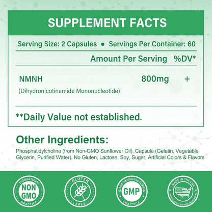 Suplemento NMNH Puro 120 Cápsulas - 800mg de – Función celular saludable: Participa en los procesos de reparación – Image 2