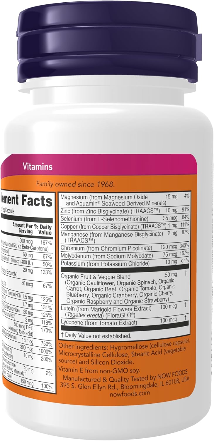 NOW Foods Daily Vits con Mezcla de Frutas y Verduras, Luteína y Licopeno - 30 Cápsulas Vegetales