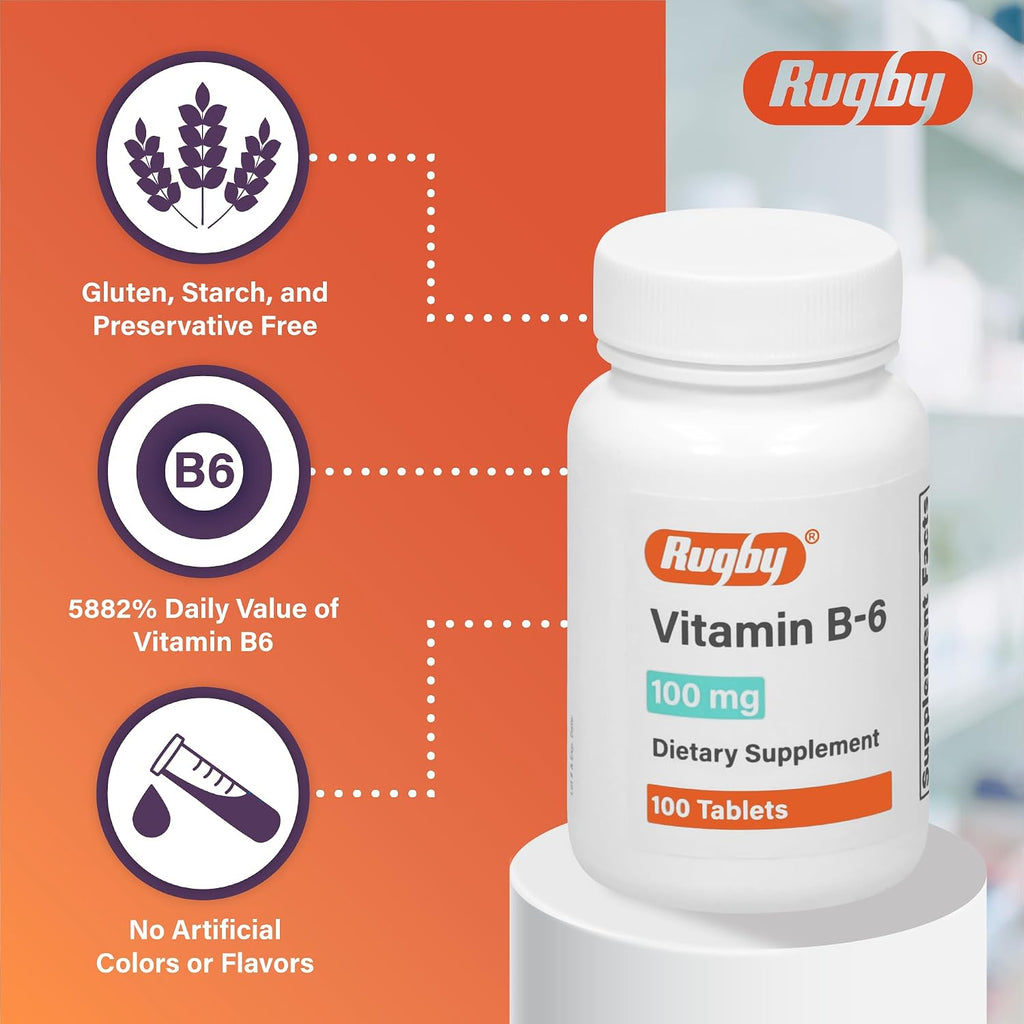 Rugby Vitamin B-6 Tablets - 100mg de Vitamina B6 - Suplemento Alimenticio - 100 Comprimidos