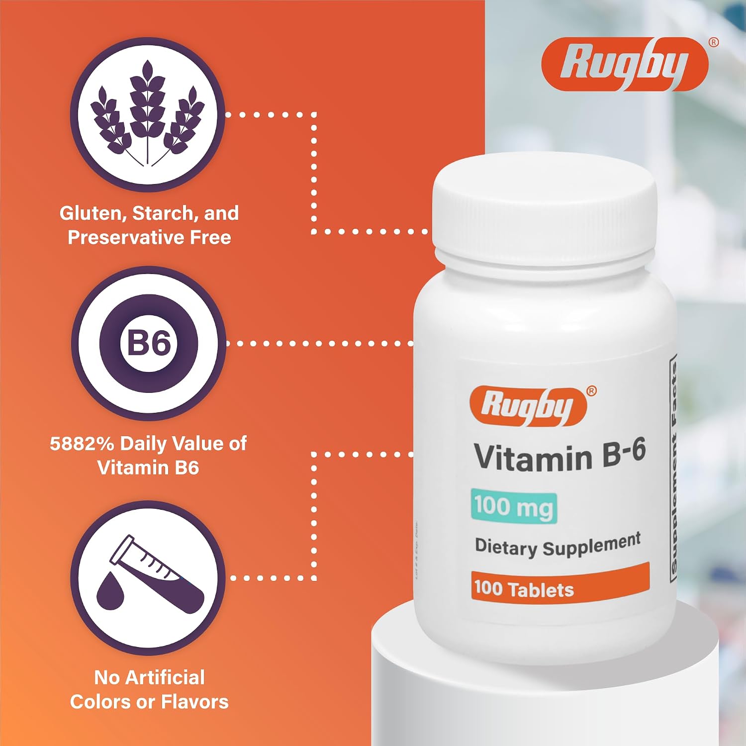 Rugby Vitamin B-6 Tablets - 100mg de Vitamina B6 - Suplemento Alimenticio - 100 Comprimidos