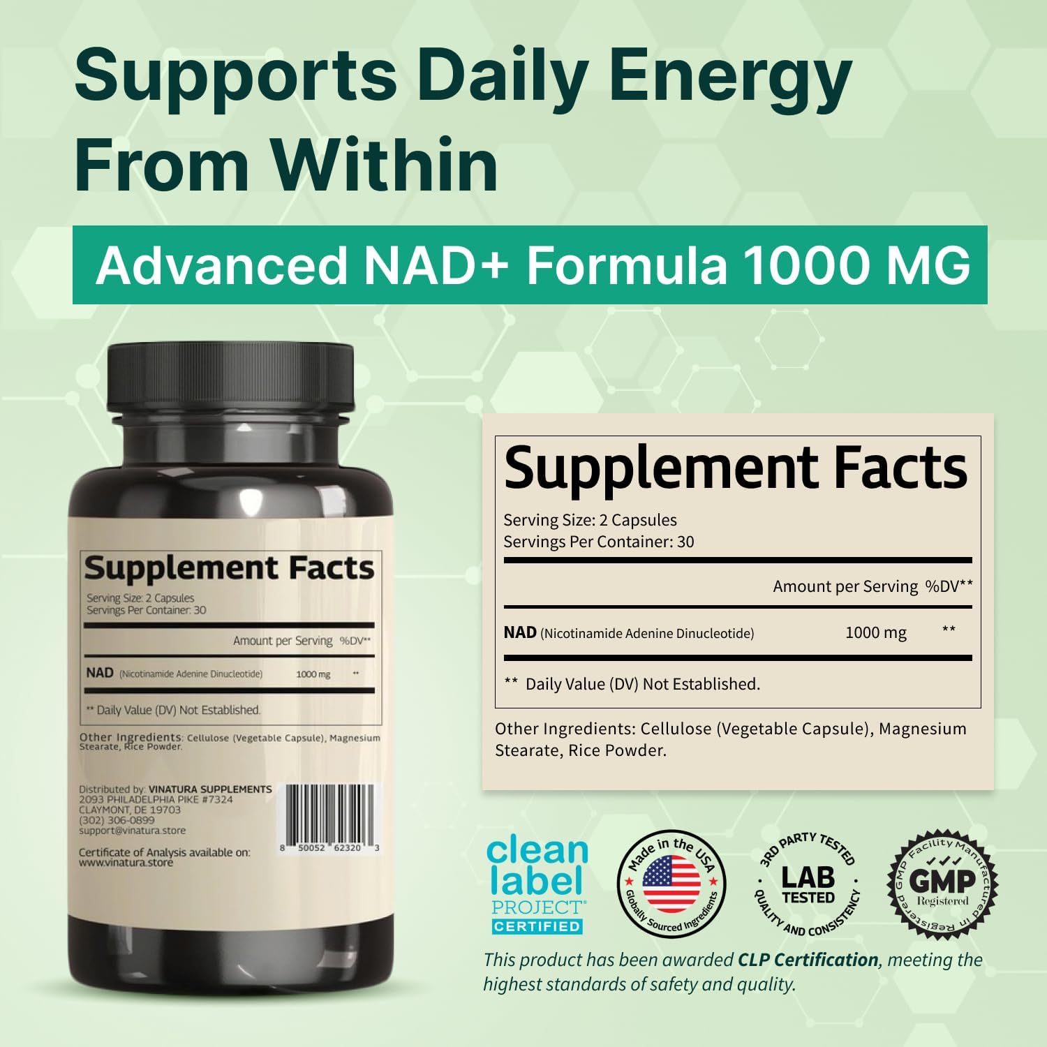 VINATURA Suplemento de NAD 1000 mg - NAD+ Puro para el Apoyo Celular
