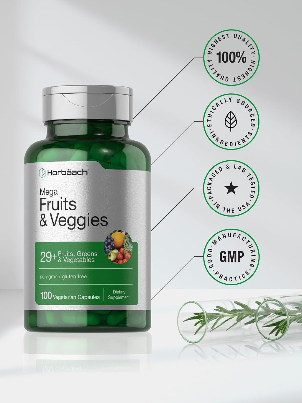 Horbäach Mega Fruits and Veggies Suplemento | 100 Cápsulas | Vegetariano, No-GMO y Sin Gluten