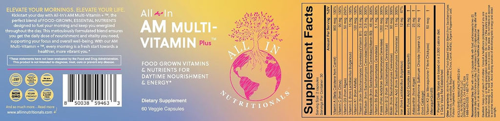 All In Nutritionals AM Multi-Vitamin +: Multivitamínico vegano a base de alimentos con vitamina D3, K2, B12, hierro y ácido fúlvico iónico