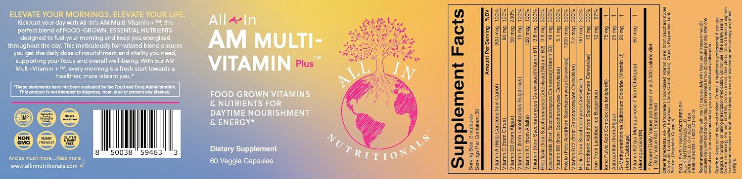 All In Nutritionals AM Multi-Vitamin +: Multivitamínico vegano a base de alimentos con vitamina D3, K2, B12, hierro y ácido fúlvico iónico