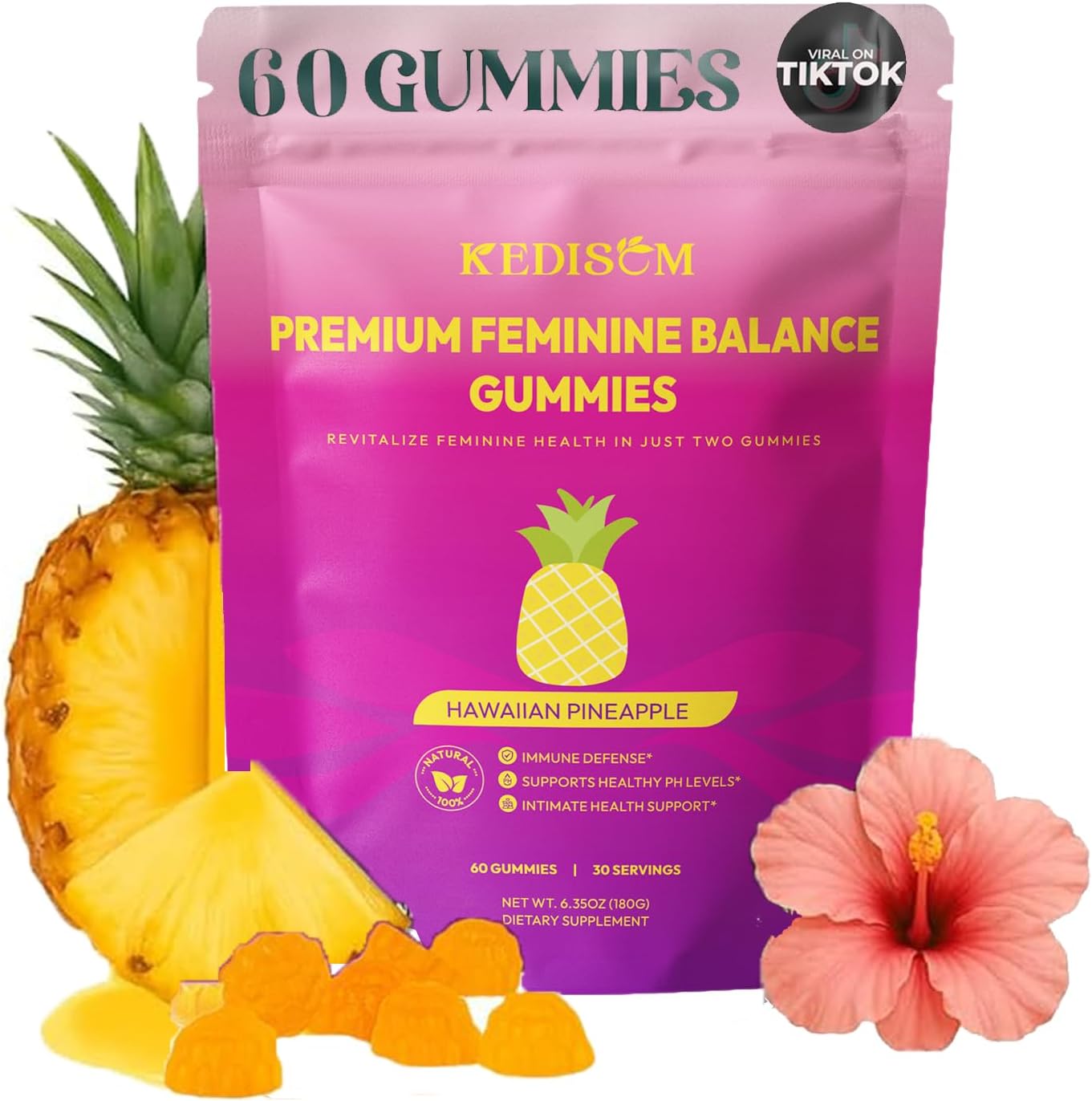 Premium Feminine Balance Gummies - Gominolas para el Bienestar Femenino con Probióticos - Sabor Piña Hawaiana - 60 Gominolas - 30 Dosis