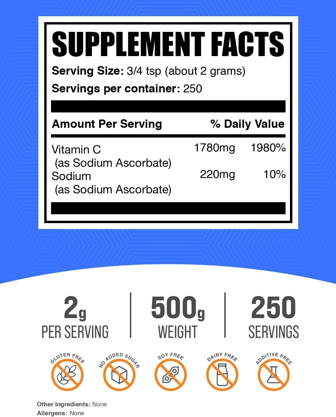 Ascorbato Sódico en Polvo - Vitamina C Tamponada, Sin Gluten, 500 g