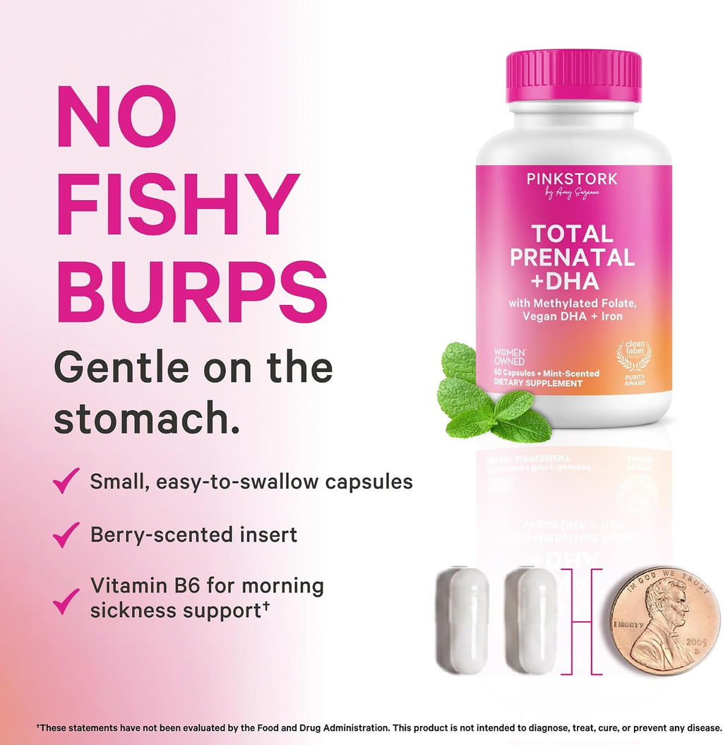 Pink Stork Total Prenatal Vitaminas con DHA - 60 Cápsulas (Menta)