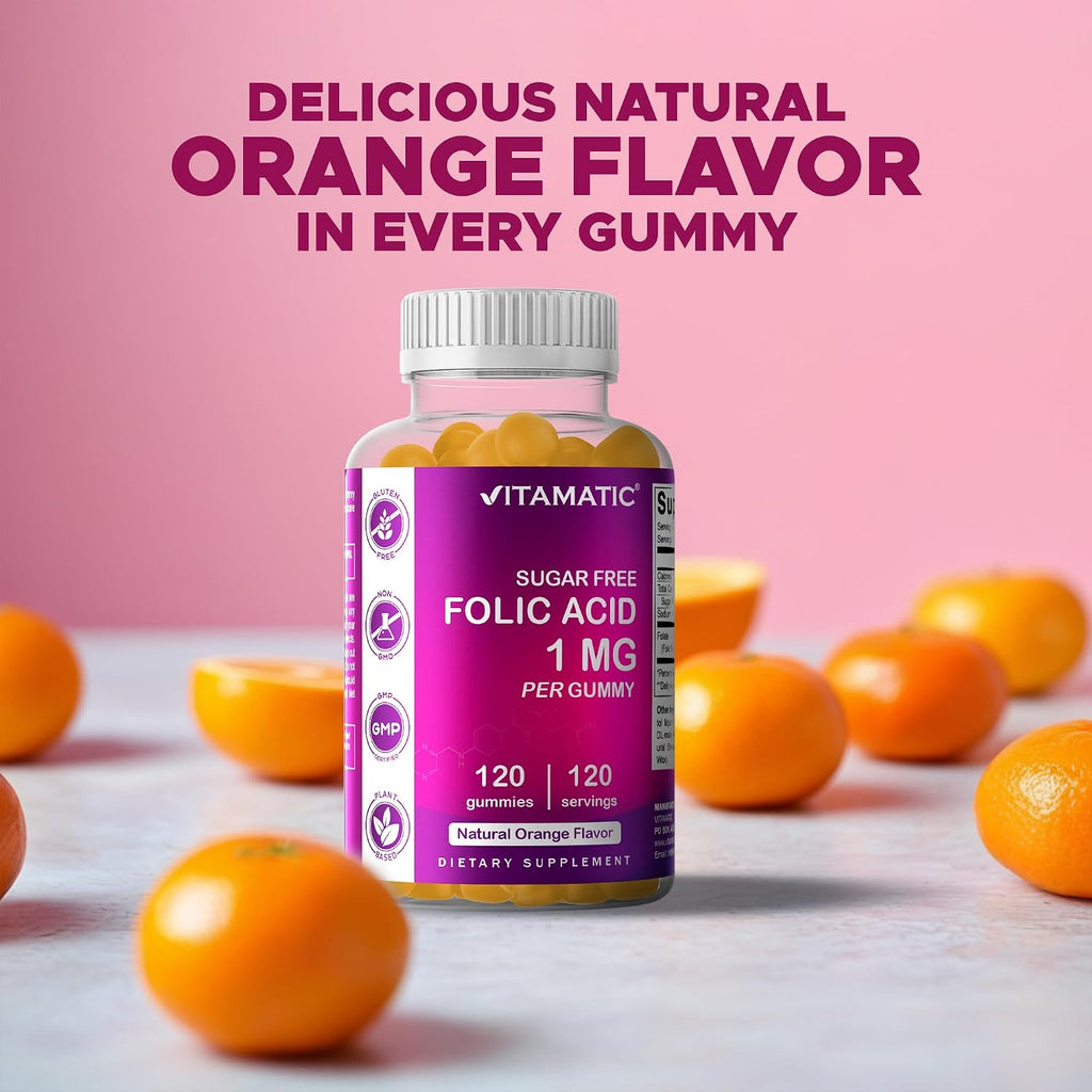 Vitamatic Ácido Fólico Gominolas 1000 mcg (1 mg) – Complemento Prenatal Vegano para Mamá y Bebé – 120 Gominolas por Frasco – Pack de 2