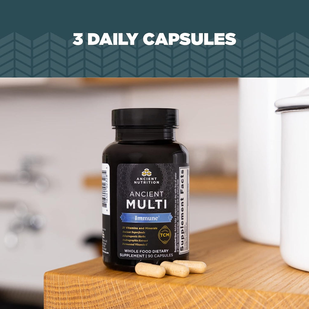 Ancient Nutrition Multivitamínico para Apoyo Inmunitario, 21 Vitaminas y Minerales con Vitamina D y C, Cúrcuma, 90 Cápsulas