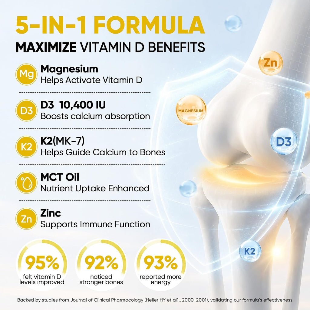 5-en-1 Vitamin D3 K2 Drops - Vitamina D3 10000 UI y K2 (MK-7) 200 mcg con Magnesio, Zinc y MCT Oil