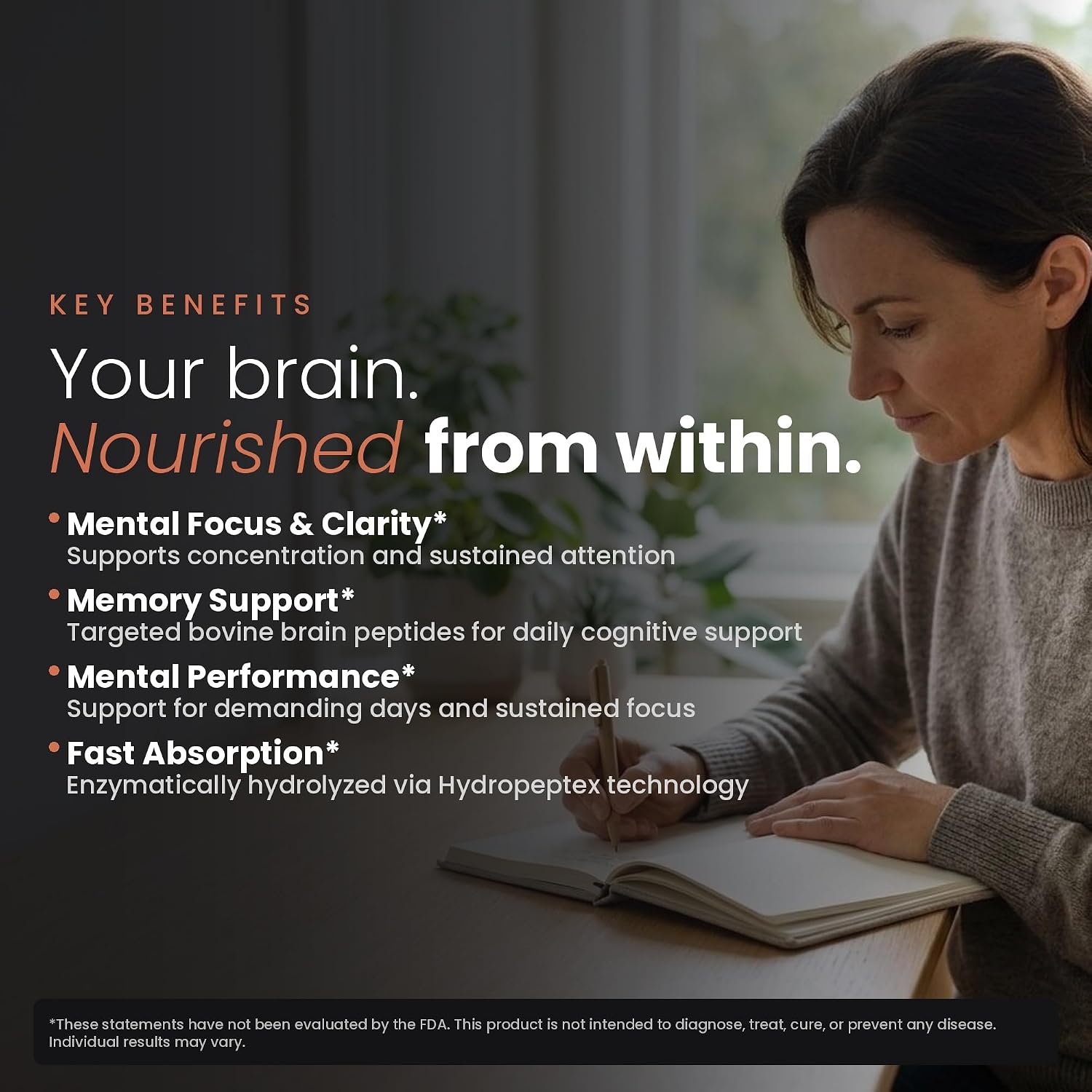 Nootropic Brain Supplement – Péptidos de Cerebro Bovino para Enfoque, Memoria y Claridad Mental – Apoyo Cognitivo Ancestral – Pasto Argentino, Non-GMO – 60 Cápsulas