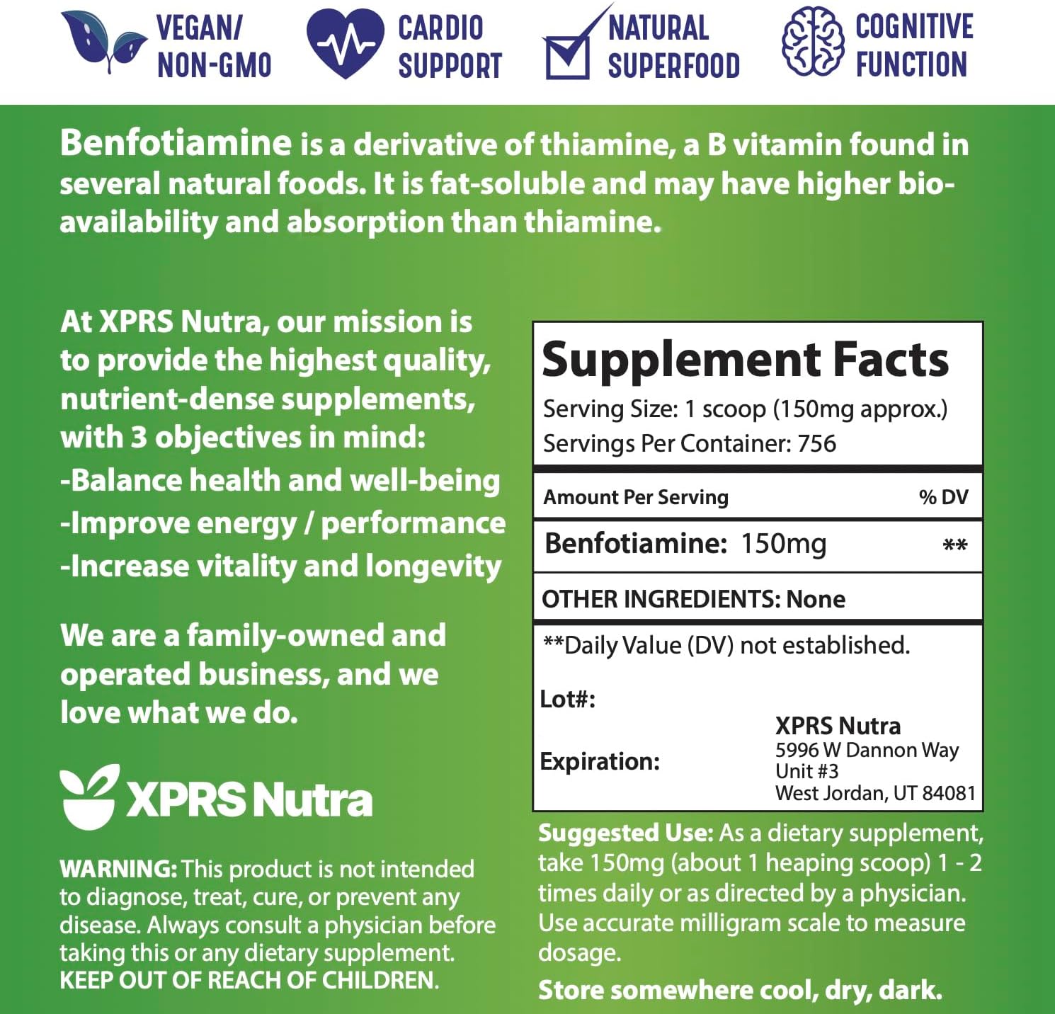 XPRS Nutra Benfotiamine Powder (Thiamine) - Fat Soluble Happy Heart Thiamine Supplement - Advanced Vitamin B1 Benfotiamine for a Cognitive Boost - Vegan Friendly Benfotamine Powder (4 Ounce)