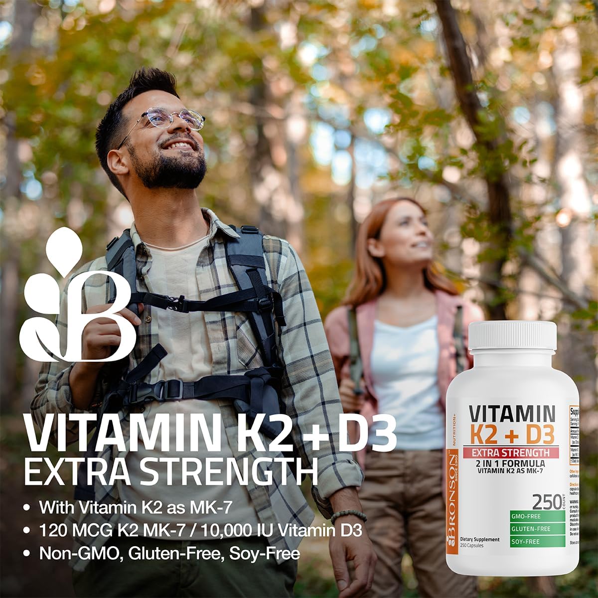 Bronson Vitamina K2 (MK7) con D3, 10.000 UI D3 + 120 mcg K2 MK-7, 120 Cápsulas