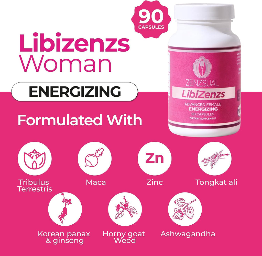 ZENZSUAL Libizenzs – Suplemento energético vegetal para mujeres – Sin cafeína – Con maca, ashwaganda y ginseng – 90 cápsulas veganas