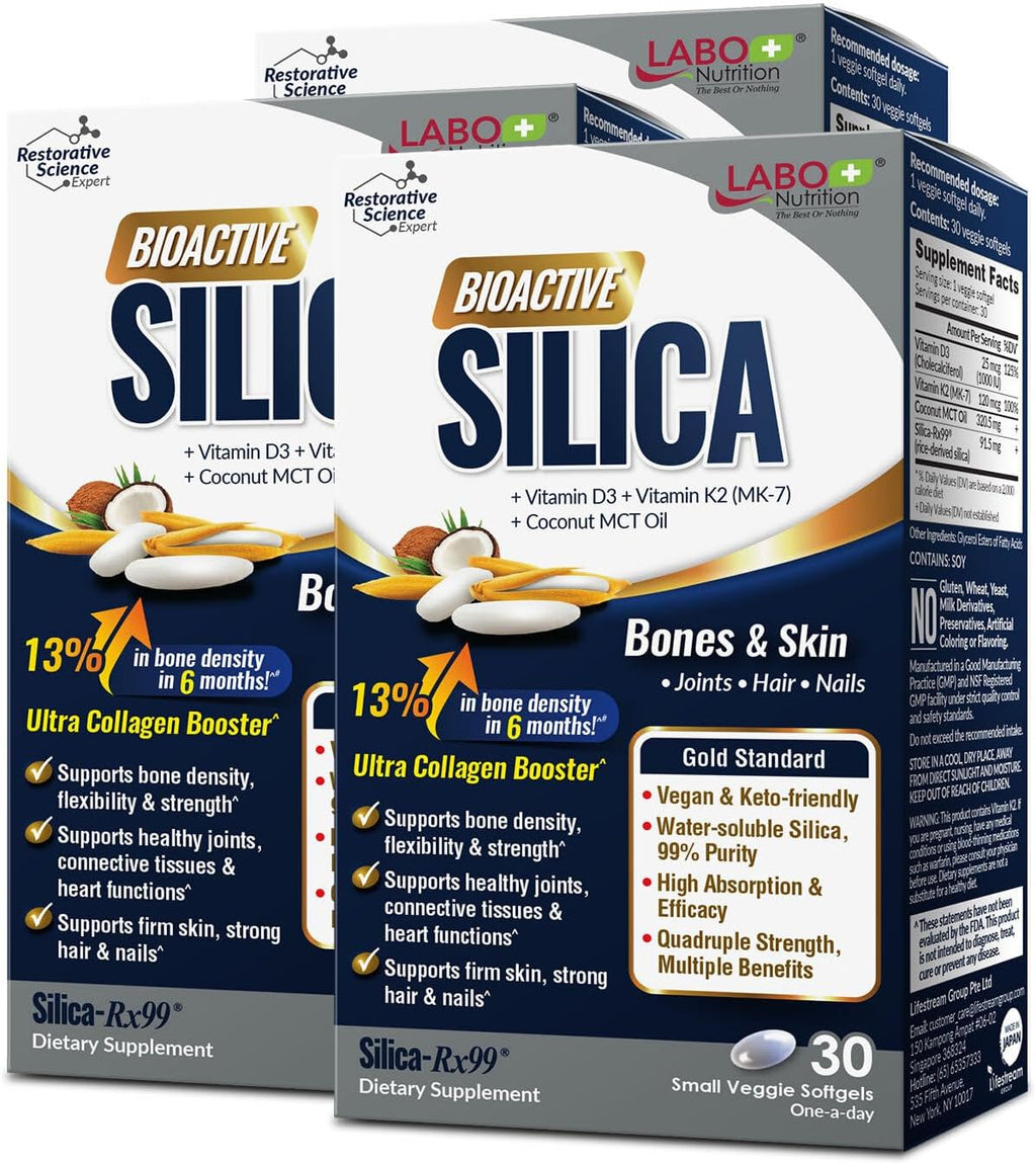 LABO Bioactive Silica - Pack de 3 - 90 Cápsulas Veganas - Sílice de Arroz 99% Pureza para Huesos y Articulaciones