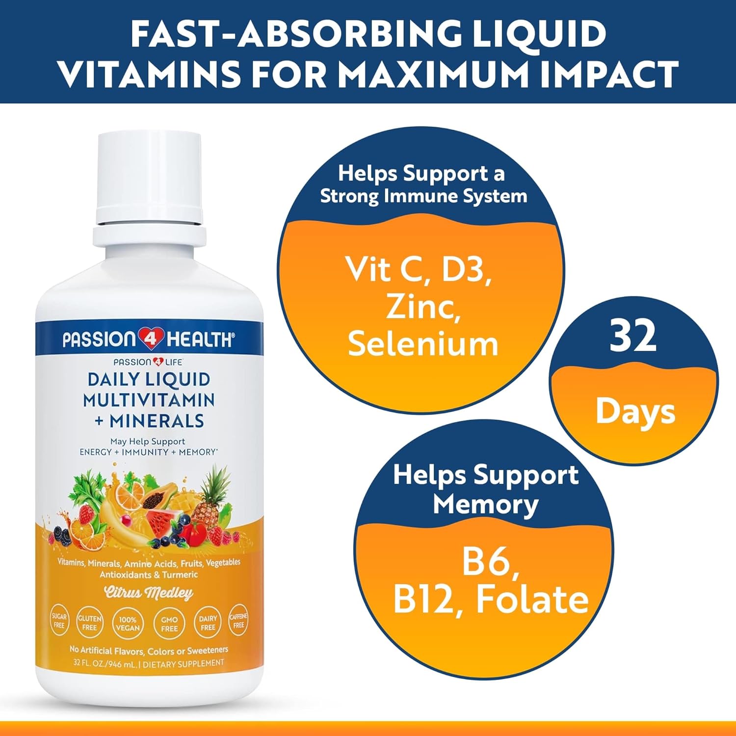 Passion 4 Life Multivitamínico Líquido Diario + Minerales - Más de 100 Ingredientes Premium para Toda la Familia