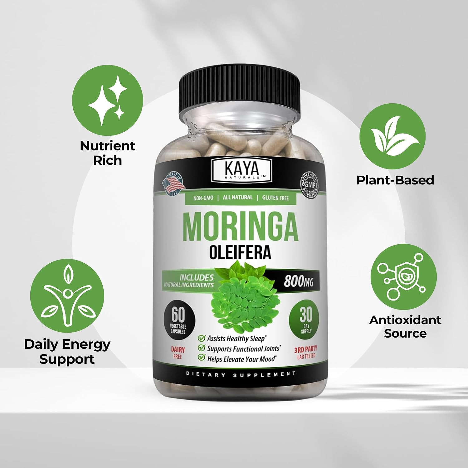 Kaya Naturals Extracto de Hoja de Moringa - Superalimento Verde - 60 Cápsulas Vegetales