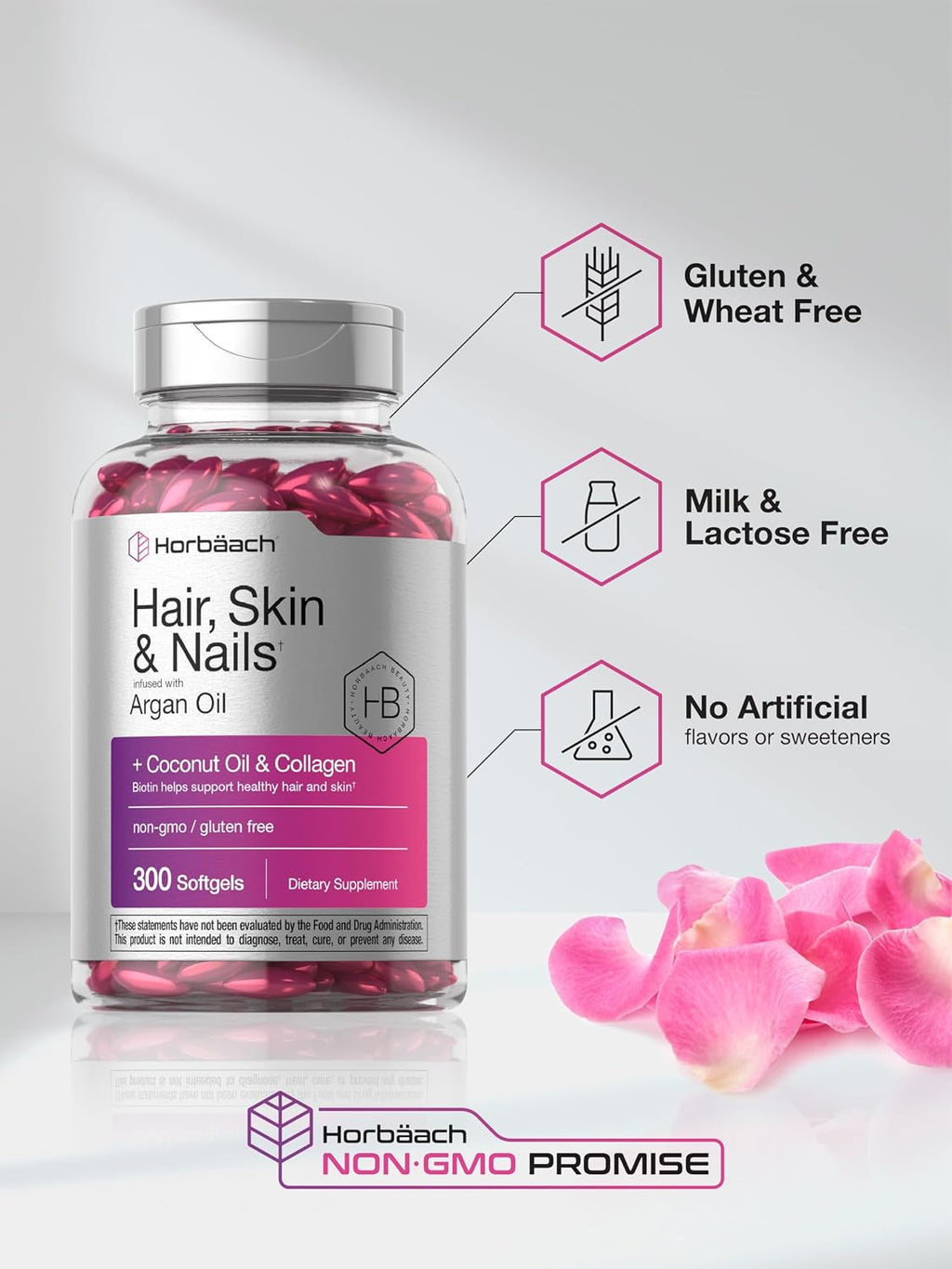 Horbäach Vitaminas para Cabello, Piel y Uñas - 300 Cápsulas Blandas con Biotina y Colágeno